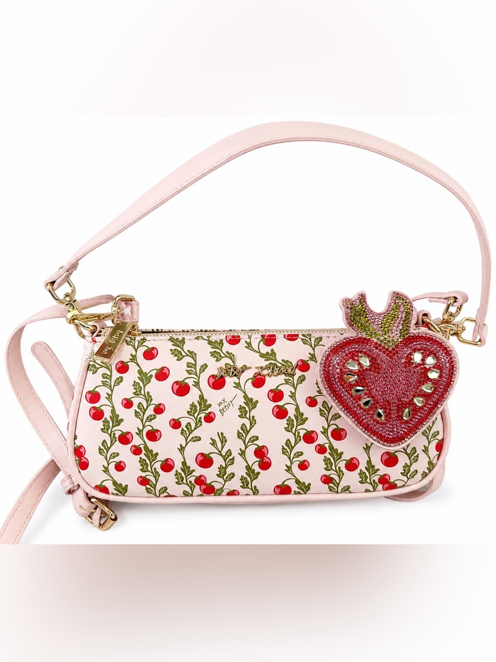 Betsey Johnson Pink Tomato Print Shoulder Bag with Tomato Charm